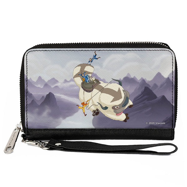 Buckle-Down PU Zip Around Wallet Rectangle - Avatar the Last Airbender Appa Carrying 4-Character Group Scene Over Mountains Grays