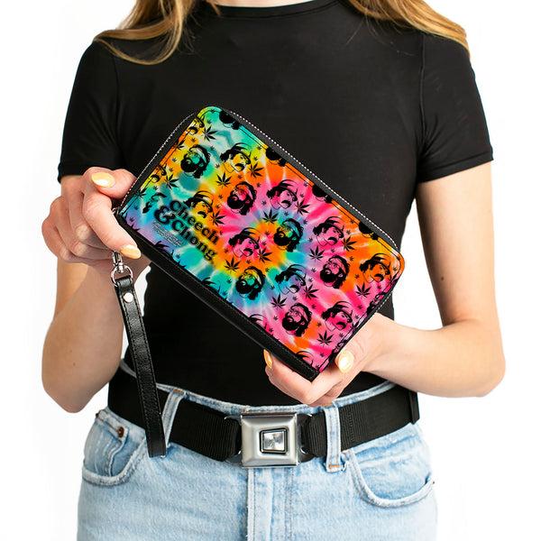 Buckle-Down PU Zip Around Wallet Rectangle - CHEECH & CHONG Caricature Faces Pot Leaves Scattered Tie Dye Multi Color/Black