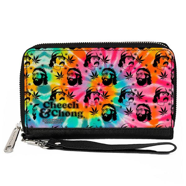 Buckle-Down PU Zip Around Wallet Rectangle - CHEECH & CHONG Caricature Faces Pot Leaves Scattered Tie Dye Multi Color/Black