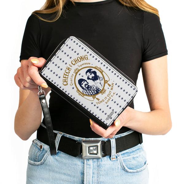 Buckle-Down PU Zip Around Wallet Rectangle - CHEECH & CHONG Rolling Papers Mirror Pot Leaves White/Blue/Gold