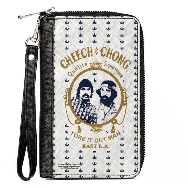 Buckle-Down PU Zip Around Wallet Rectangle - CHEECH & CHONG Rolling Papers Mirror Pot Leaves White/Blue/Gold