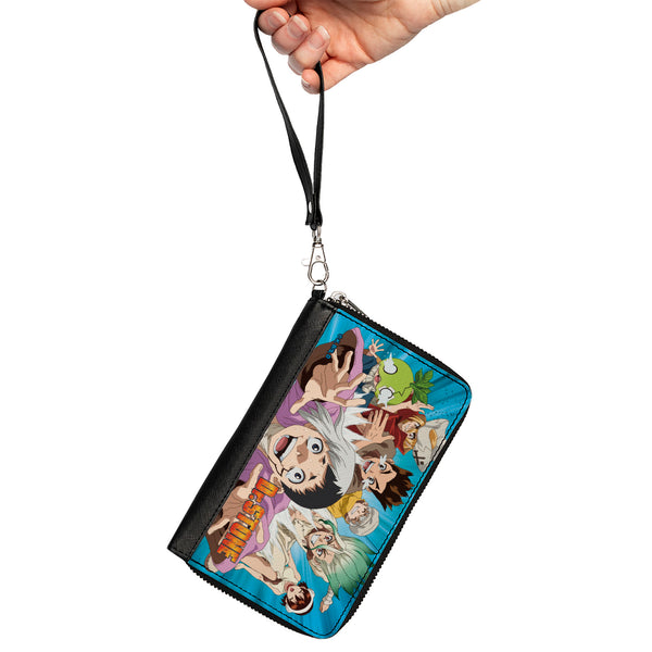 Buckle-Down PU Zip Around Wallet Rectangle - DR. STONE Character Group Rays Pose And Title Logo Blues