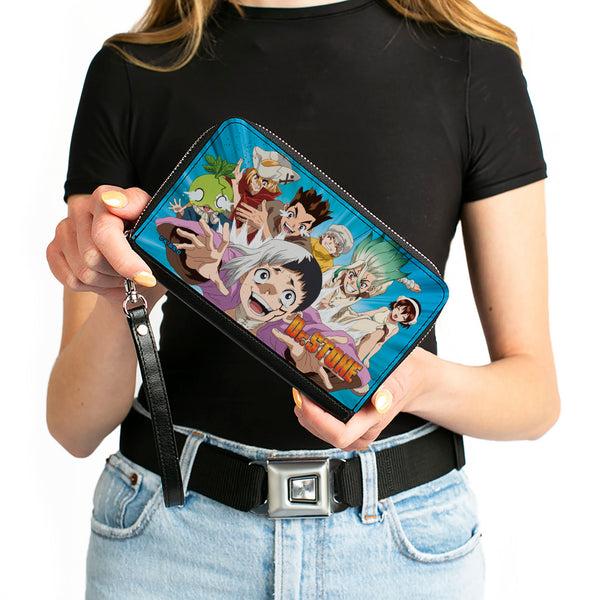 Buckle-Down PU Zip Around Wallet Rectangle - DR. STONE Character Group Rays Pose And Title Logo Blues