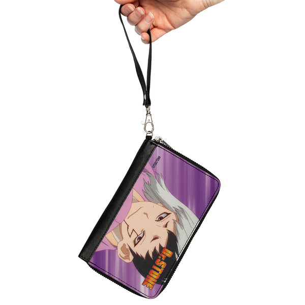 Buckle-Down PU Zip Around Wallet Rectangle - DR. STONE Gen Asagiri Face And Title Logo Purples