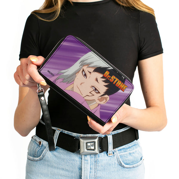 Buckle-Down PU Zip Around Wallet Rectangle - DR. STONE Gen Asagiri Face And Title Logo Purples