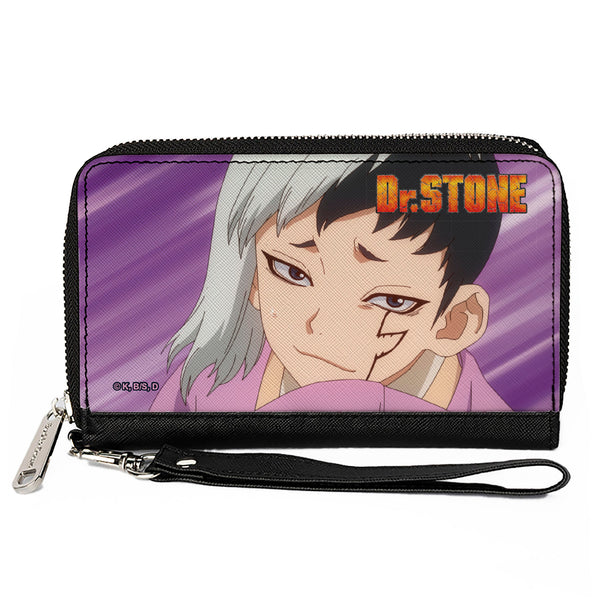 Buckle-Down PU Zip Around Wallet Rectangle - DR. STONE Gen Asagiri Face and Title Logo Purples Buckle-Down PU Zip Around Wallet Rectangle - DR. STONE Gen Asagiri Face and Title Logo Purples