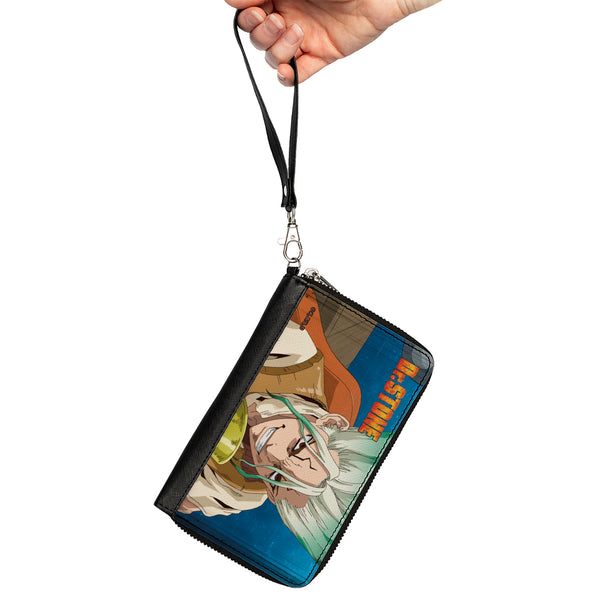 Buckle-Down PU Zip Around Wallet Rectangle - DR. STONE Senku Ishigami Grinning Pose And Title Logo Blues