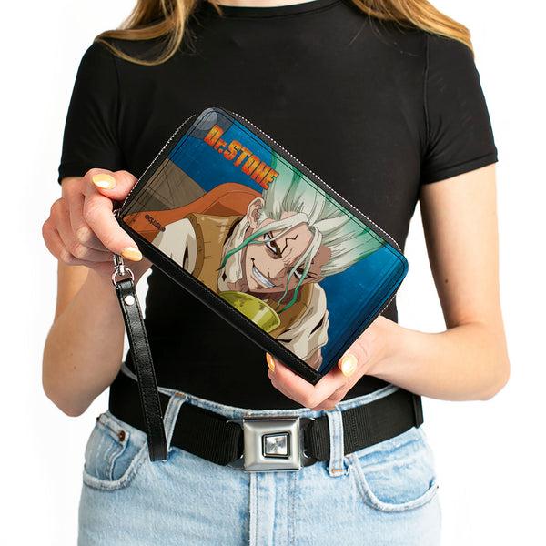 Buckle-Down PU Zip Around Wallet Rectangle - DR. STONE Senku Ishigami Grinning Pose And Title Logo Blues