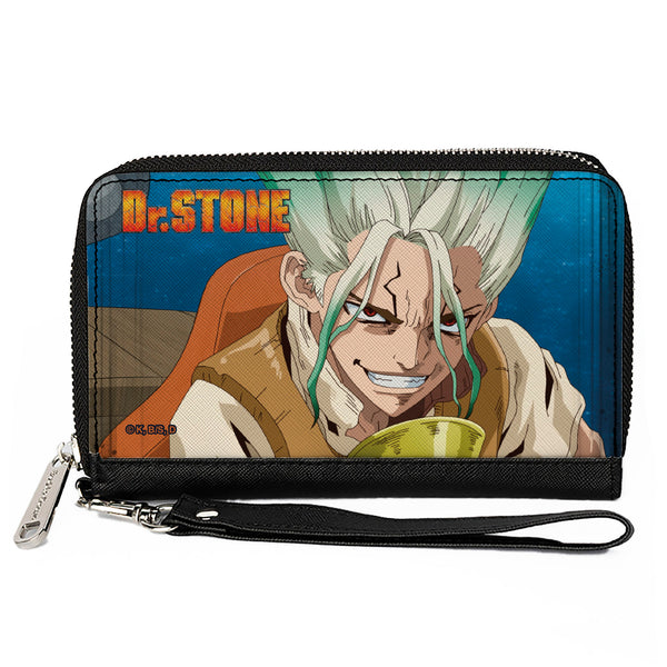 Buckle-Down PU Zip Around Wallet Rectangle - DR. STONE Senku Ishigami Grinning Pose and Title Logo Blues