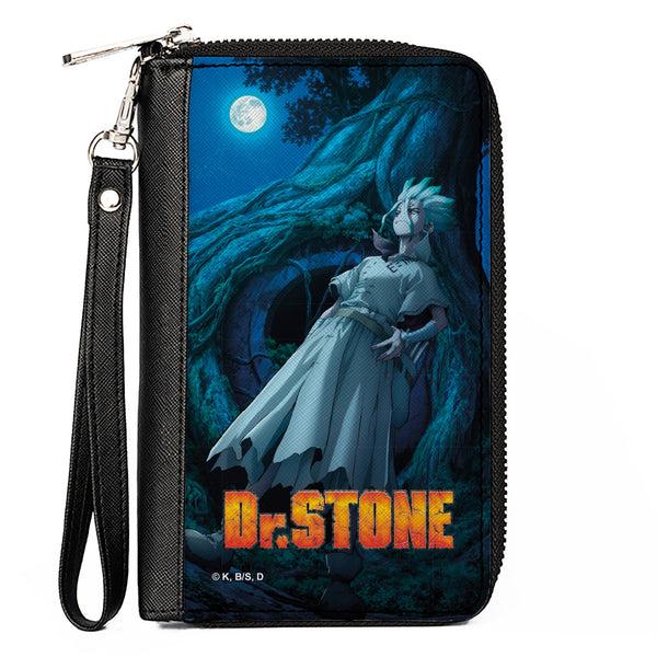 Buckle-Down PU Zip Around Wallet Rectangle - DR. STONE Senku Ishigami Full Moon Tree Pose and Title Logo Blues