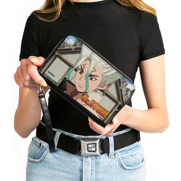 Buckle-Down PU Zip Around Wallet Rectangle - DR. STONE Senku Ishigami Eyes Of Science Pose And Title Logo