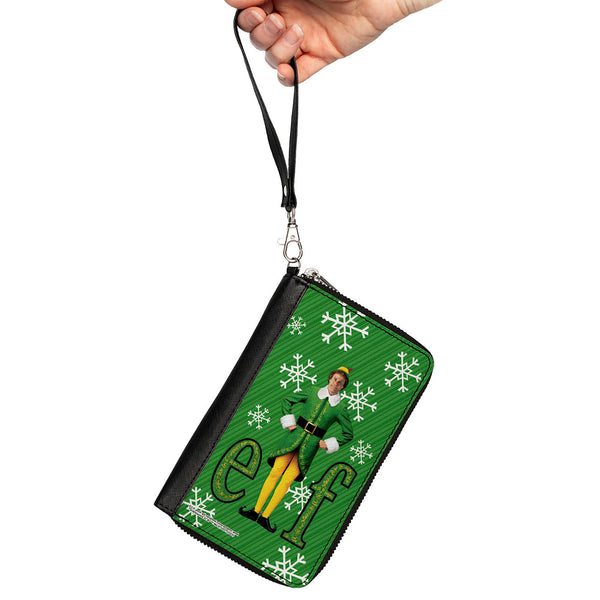 Buckle-Down PU Zip Around Wallet Rectangle - Elf Buddy The Elf Logo Pose Snowflakes Greens/White