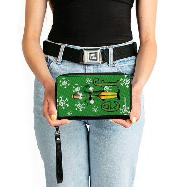 Buckle-Down PU Zip Around Wallet Rectangle - Elf Buddy The Elf Logo Pose Snowflakes Greens/White