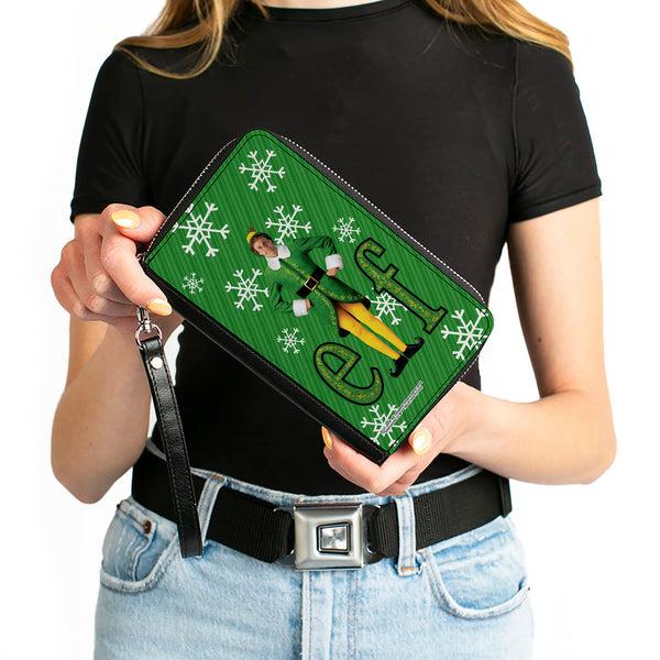 Buckle-Down PU Zip Around Wallet Rectangle - Elf Buddy The Elf Logo Pose Snowflakes Greens/White