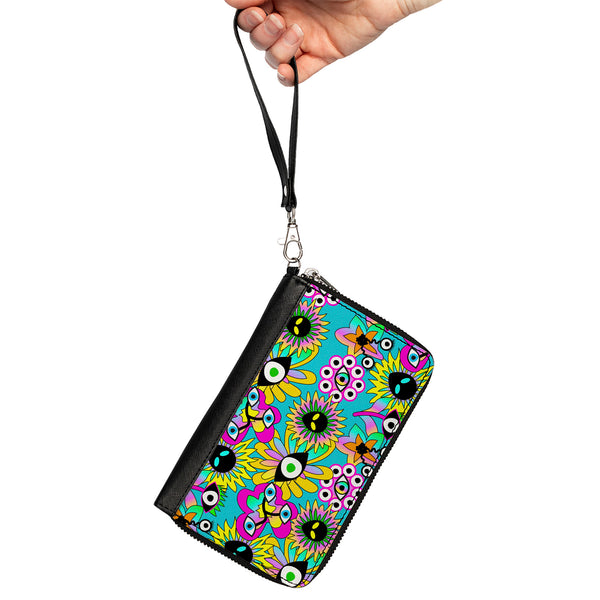 Buckle-Down PU Zip Around Wallet Rectangle - Funky Alien Flowers Aqua Blue/Multi Color