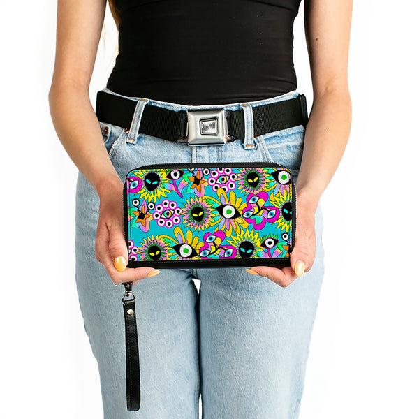 Buckle-Down PU Zip Around Wallet Rectangle - Funky Alien Flowers Aqua Blue/Multi Color