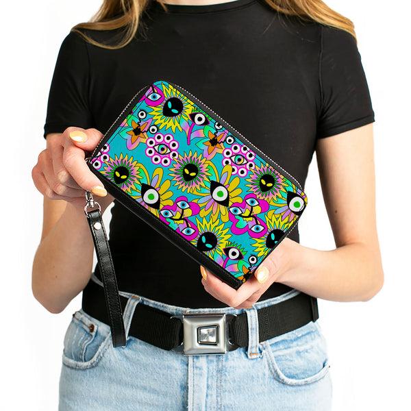 Buckle-Down PU Zip Around Wallet Rectangle - Funky Alien Flowers Aqua Blue/Multi Color