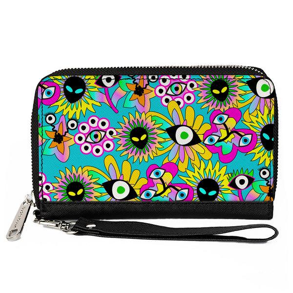 Buckle-Down PU Zip Around Wallet Rectangle - Funky Alien Flowers Aqua Blue/Multi Color