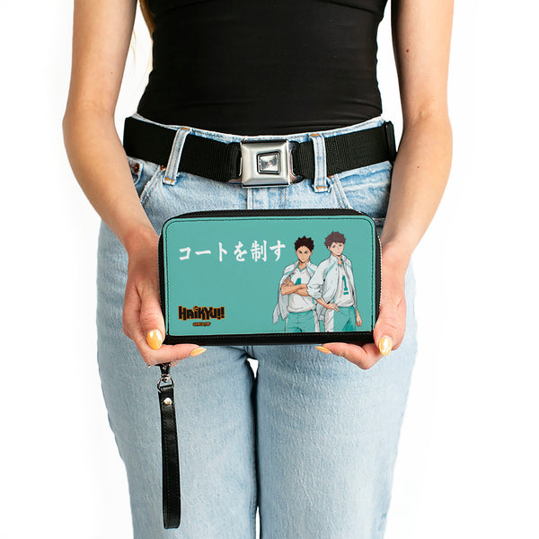 Buckle-Down PU Zip Around Wallet Rectangle - HAIKYU Aoba Johsai High Ikawa And Iwaizumi Pose Turquoise