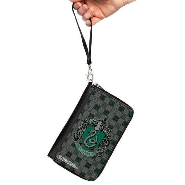 Buckle-Down PU Zip Around Wallet Rectangle - Harry Potter SLYTHERIN Crest/Heraldry Checkers Gray/Greens