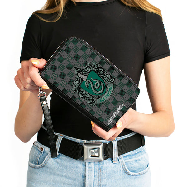 Buckle-Down PU Zip Around Wallet Rectangle - Harry Potter SLYTHERIN Crest/Heraldry Checkers Gray/Greens