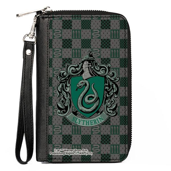 Buckle-Down PU Zip Around Wallet Rectangle - Harry Potter SLYTHERIN Crest/Heraldry Checkers Gray/Greens