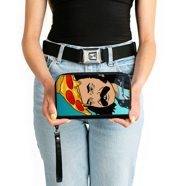 Buckle-Down PU Zip Around Wallet Rectangle - Homies In Dreamland Cheech Pizza Head Pose Blue