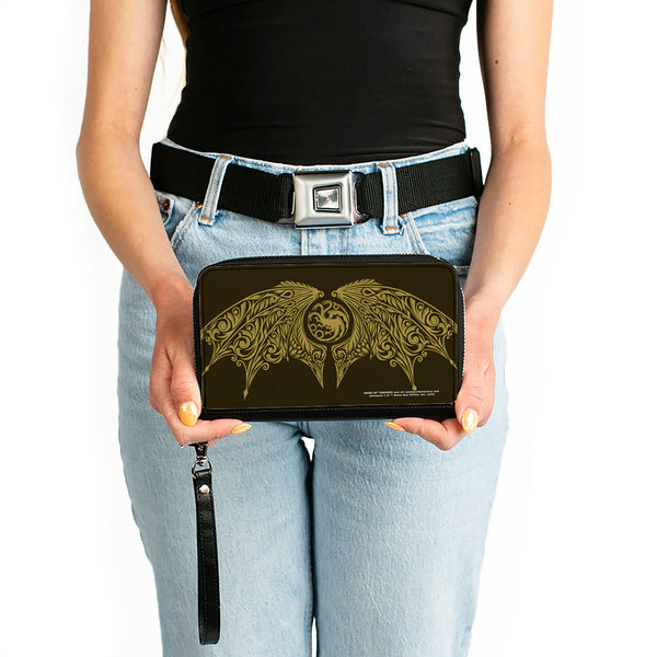 Buckle-Down PU Zip Around Wallet Rectangle - House Of The Dragon Icon And Wings Black Yellow