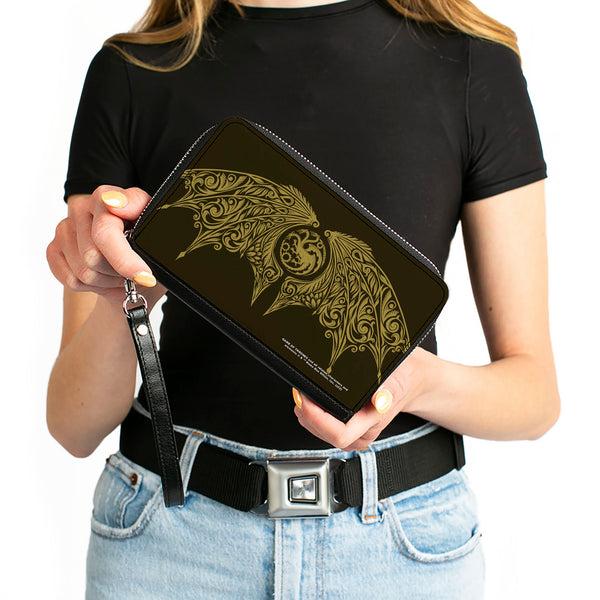 Buckle-Down PU Zip Around Wallet Rectangle - House Of The Dragon Icon And Wings Black Yellow