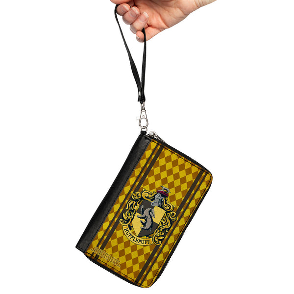 Buckle-Down PU Zip Around Wallet Rectangle - HUFFLEPUFF Crest Stripes/Diamonds Gold/Browns