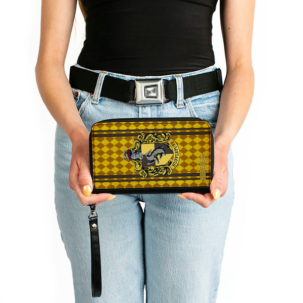 Buckle-Down PU Zip Around Wallet Rectangle - HUFFLEPUFF Crest Stripes/Diamonds Gold/Browns