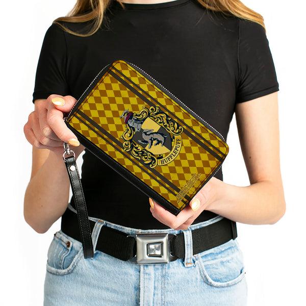 Buckle-Down PU Zip Around Wallet Rectangle - HUFFLEPUFF Crest Stripes/Diamonds Gold/Browns