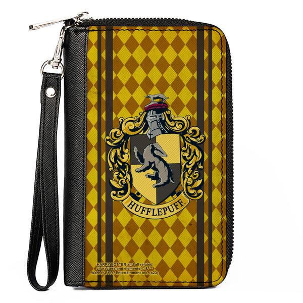 Buckle-Down PU Zip Around Wallet Rectangle - HUFFLEPUFF Crest Stripes/Diamonds Gold/Browns
