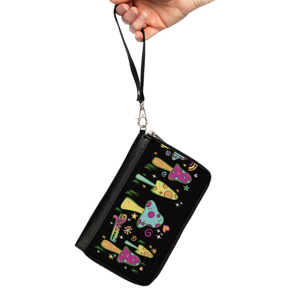 Buckle-Down PU Zip Around Wallet Rectangle - Mushroom SHROOMY Vibrant Garden2 Black Multi Color