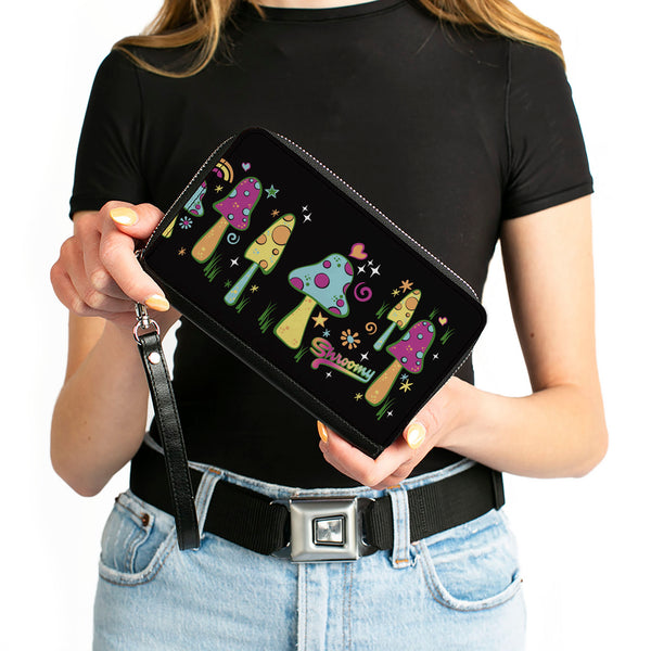 Buckle-Down PU Zip Around Wallet Rectangle - Mushroom SHROOMY Vibrant Garden2 Black Multi Color