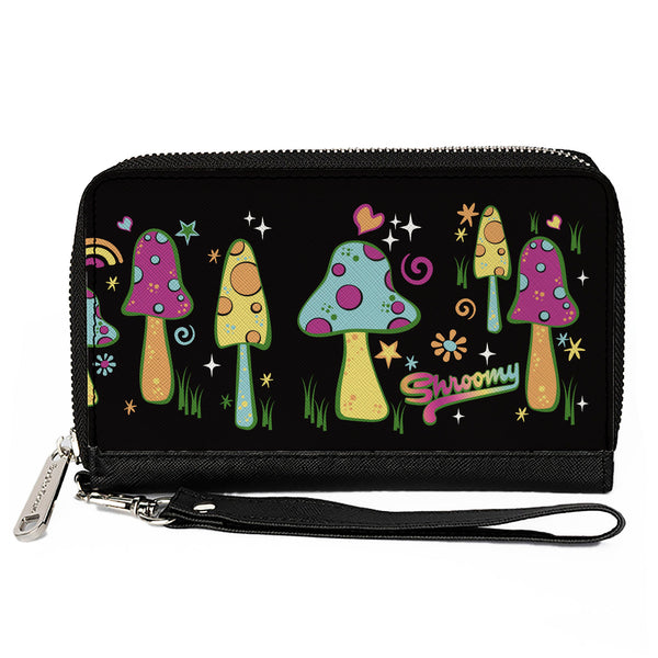 Buckle-Down PU Zip Around Wallet Rectangle - Mushroom SHROOMY Vibrant Garden2 Black Multi Color