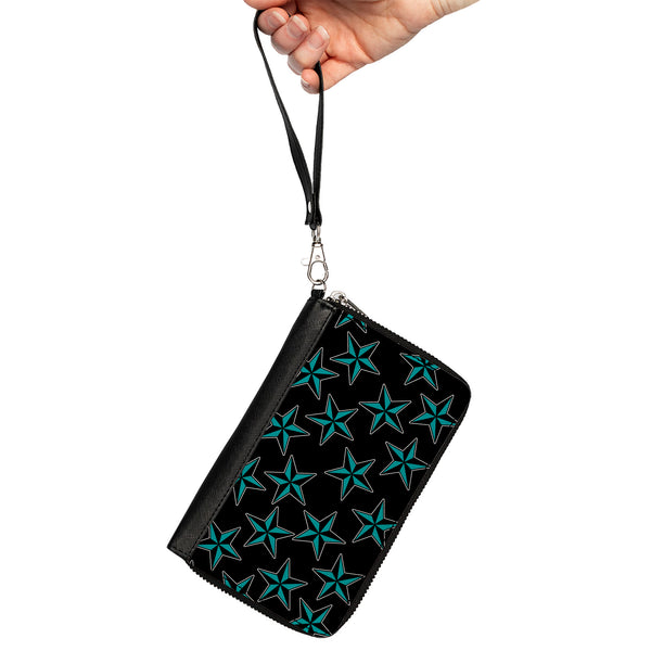 Buckle-Down PU Zip Around Wallet Rectangle - Nautical Stars Scattered Black/Turquoise