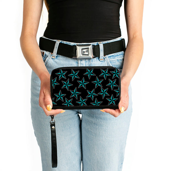 Buckle-Down PU Zip Around Wallet Rectangle - Nautical Stars Scattered Black/Turquoise
