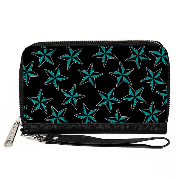 Buckle-Down PU Zip Around Wallet Rectangle - Nautical Stars Scattered Black/Turquoise