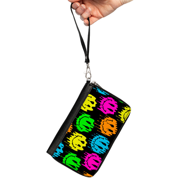 Buckle-Down PU Zip Around Wallet Rectangle - Smiley Face Melted Repeat Black Multi Neon