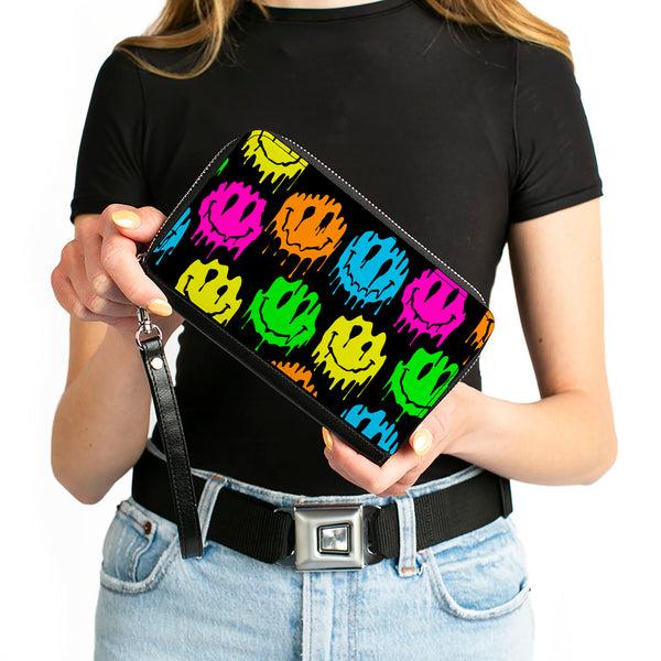 Buckle-Down PU Zip Around Wallet Rectangle - Smiley Face Melted Repeat Black Multi Neon