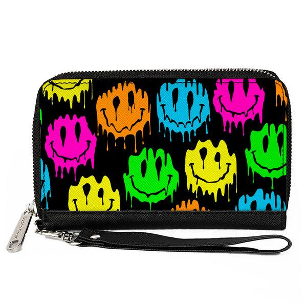 Buckle-Down PU Zip Around Wallet Rectangle - Smiley Face Melted Repeat Black Multi Neon
