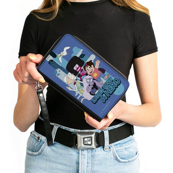 Buckle-Down PU Zip Around Wallet Rectangle - Steven Universe LADIES LOVE A HERO Group Pose Blues