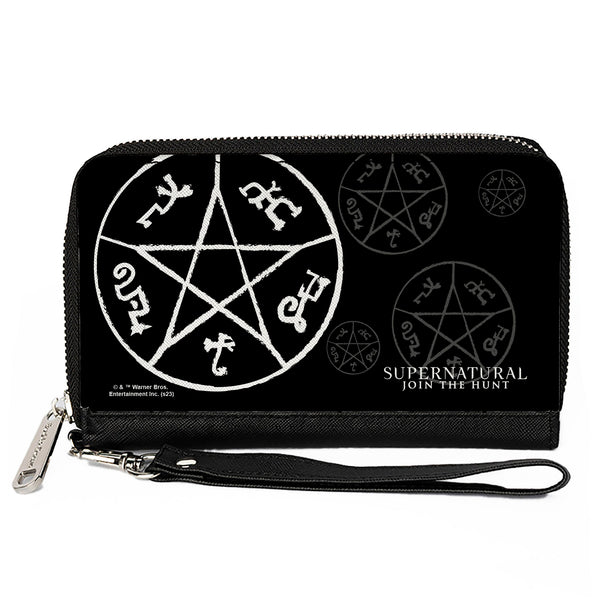 Buckle-Down PU Zip Around Wallet Rectangle - Supernatural Devil's Trap Symbol Scattered Black/Gray/White