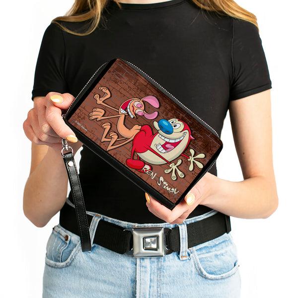 Buckle-Down PU Zip Around Wallet Rectangle - The Ren & Stimpy Show Booty Bump Pose Brick Wall Browns
