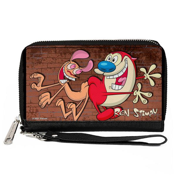 Buckle-Down PU Zip Around Wallet Rectangle - The Ren & Stimpy Show Booty Bump Pose Brick Wall Browns