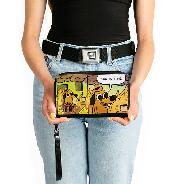 Buckle-Down PU Zip Around Wallet Rectangle - THIS IS FINE Question Hound Cafe Fire Comic Strip Blocks