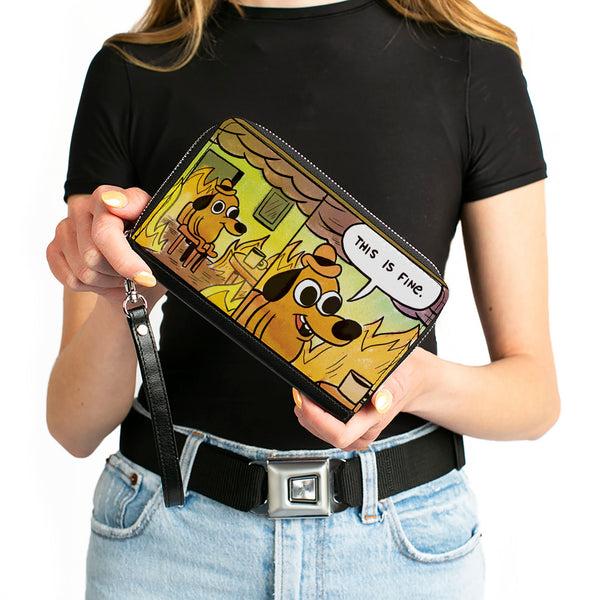 Buckle-Down PU Zip Around Wallet Rectangle - THIS IS FINE Question Hound Cafe Fire Comic Strip Blocks