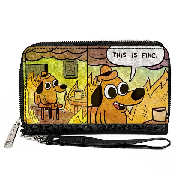 Buckle-Down PU Zip Around Wallet Rectangle - THIS IS FINE Question Hound Cafe Fire Comic Strip Blocks