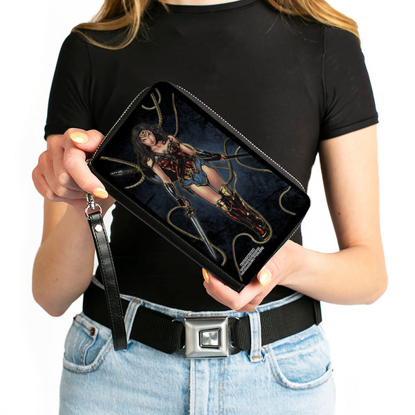 Buckle-Down PU Zip Around Wallet Rectangle - Wonder Woman 2017 Standing Swords Pose With Lasso Of Truth Blues/Golds